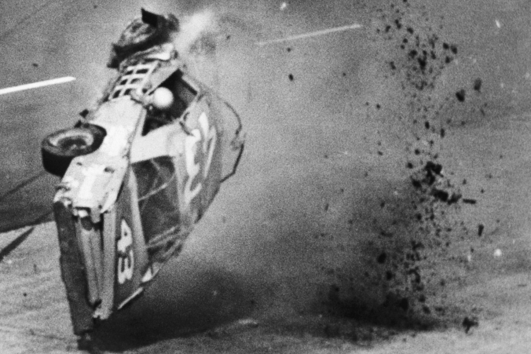 Richard Petty's car flips over after crash at Darlington Raceway in 1970
