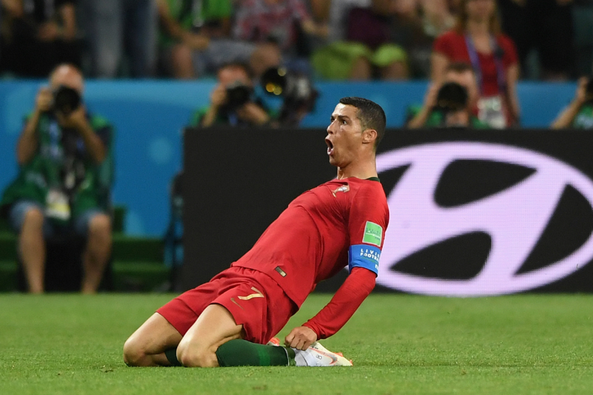 Portugal player Cristiano Ronaldo celebrates his second goal during the 2018 FIFA World Cup Russia group B match between Portugal and Spain