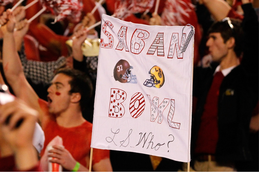 Fans cheer for the "Saban Bowl" prior to the game between Alabama Crimson Tide and the LSU Tigers at Bryant-Denny Stadium