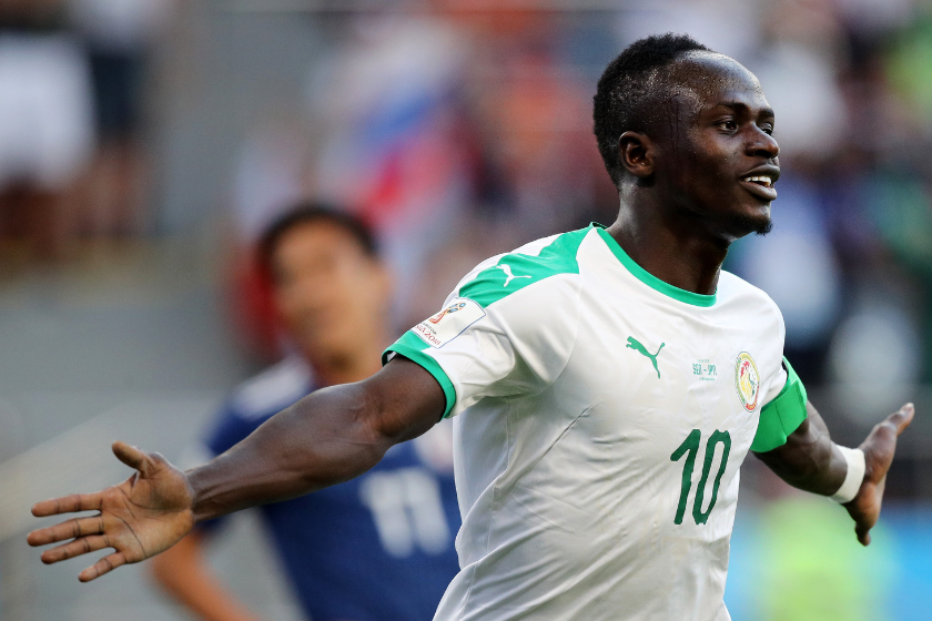 Sadio Mane of Senegal celebrates after scoring his team's first goal during the 2018 FIFA World Cup Russia group H match between Japan and Senegal at Ekaterinburg Arena