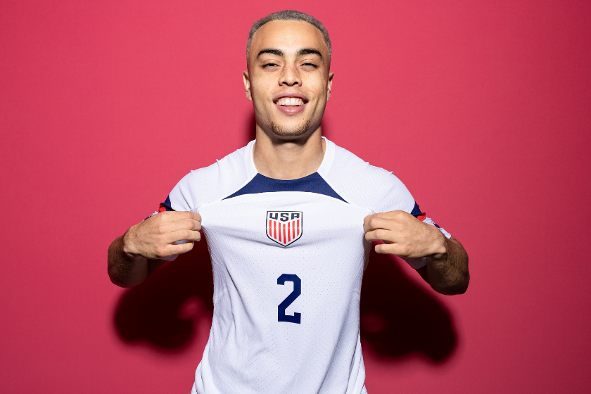 Sergino Dest of United States poses during the official FIFA World Cup Qatar 2022 portrait session