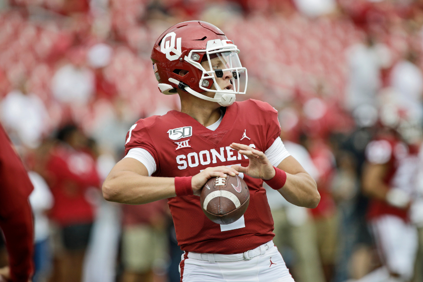  Quarterback Spencer Rattler #7 of the Oklahoma Sooners throws during warm ups before the game against the Texas Tech Red Raiders at Gaylord Family Oklahoma Memorial Stadium
