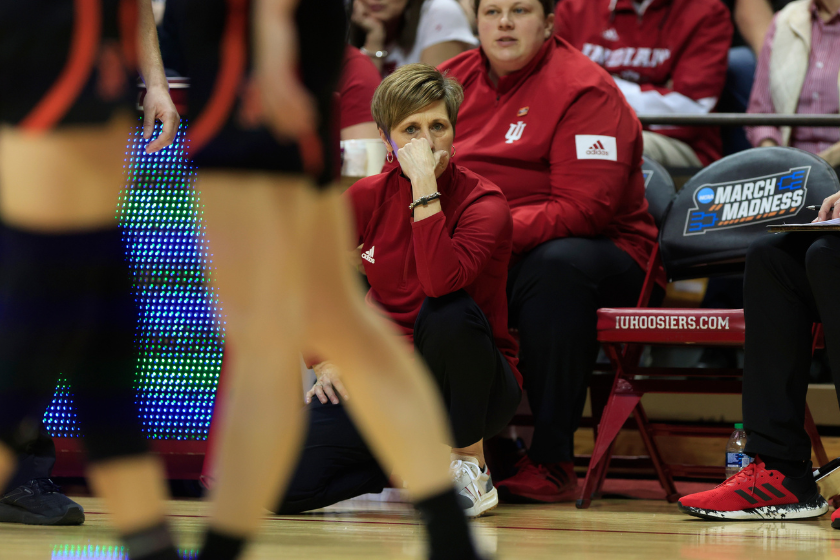 Indiana University coach Teri Moren coaches against Princeton during round 2 of the NCAA 2022 Division 1 Women's Basketball Championship