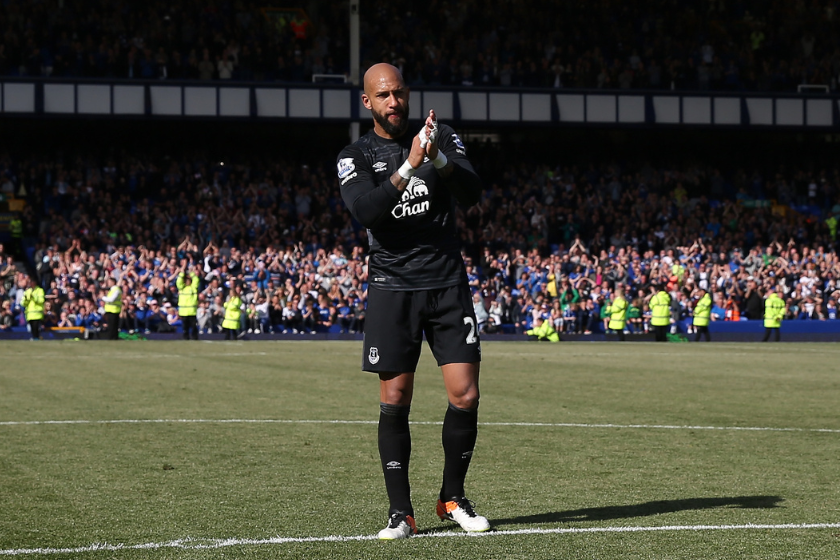 Tim Howard of Everton applauds supporters after the Barclays Premier League match between Everton and Norwich City 