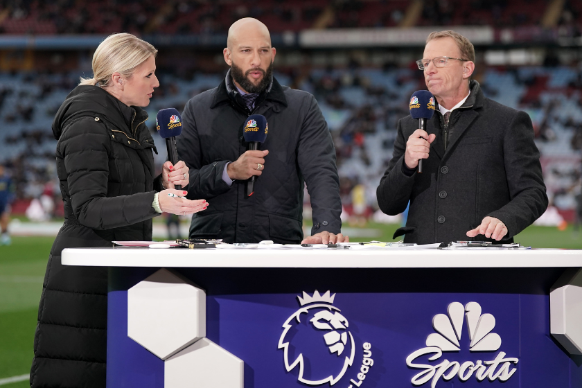 NBC Sports presenters Rebecca Lowe, Tim Howard (centre) and Robbie Mustoe after the Premier League match at Villa Park