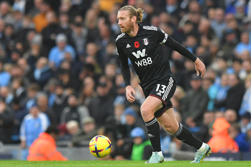 Fulhams Tim Ream during the Premier League match between Manchester City and Fulham FC