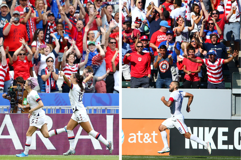 Megan Rapinoe, Alex Morgan and Clint Dempsey celebrate goals for the US as fans cheer them on.
