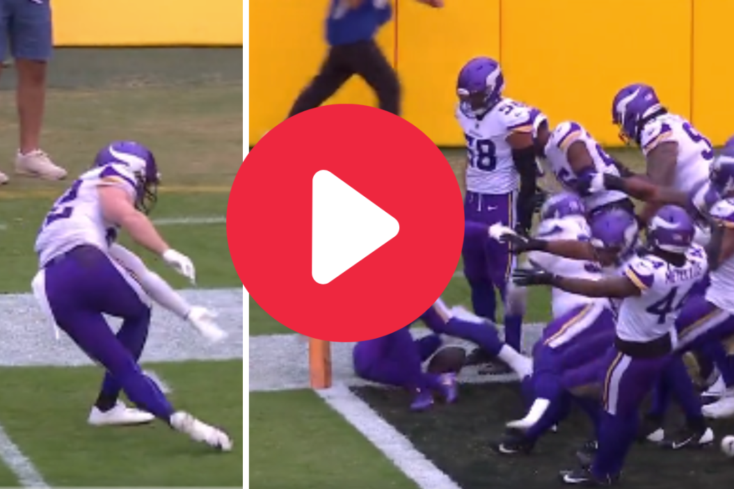 The Minnesota Vikings celebrate Harrison Smith's interception with a bowling routine.