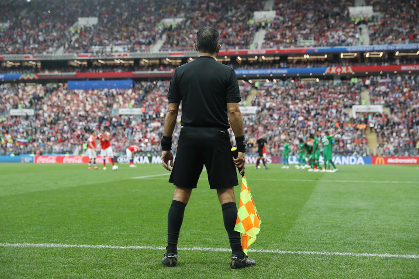 Linesman Juan Pablo Belatti looks on during the 2018 FIFA World Cup Russia Group A match between Russia and Saudi Arabia 