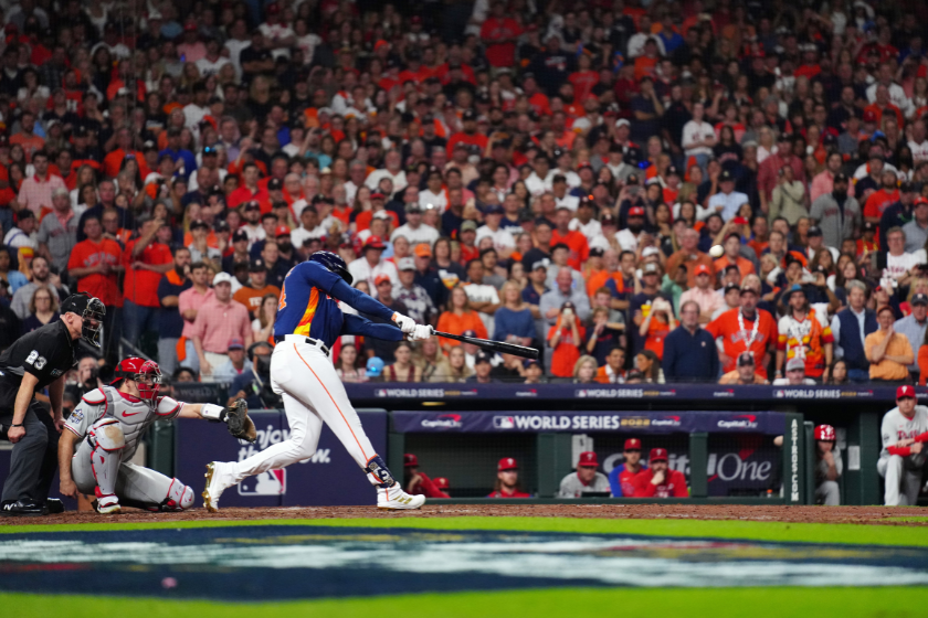 Yordan Alvarez #44 of the Houston Astros hits a three-run home run in the sixth inning during Game 6 of the 2022 World Series between the Philadelphia Phillies and the Houston Astros