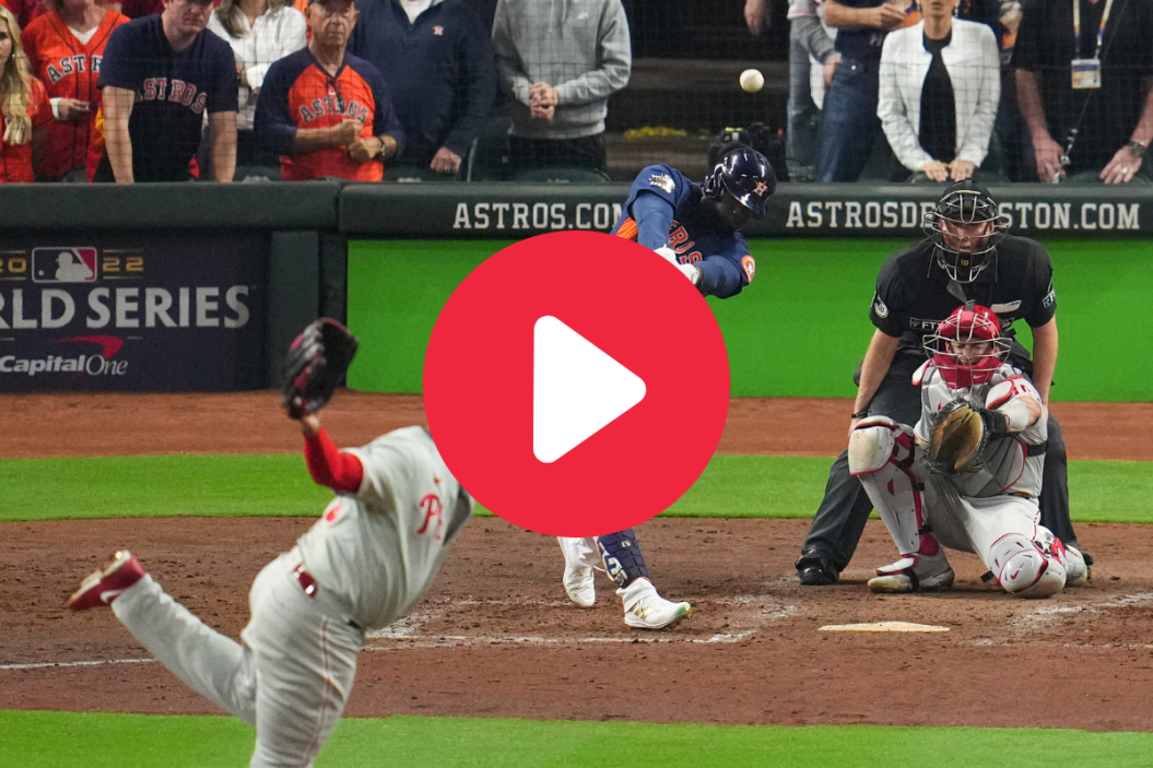 Yordan Alvarez #44 of the Houston Astros hits a three run home run in the sixth inning during Game 6 of the 2022 World Series between the Philadelphia Phillies and the Houston Astros at Minute Maid Park