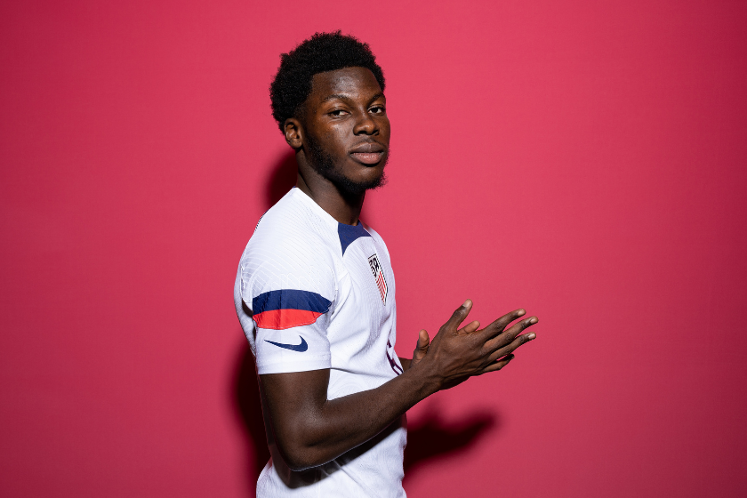  Yunus Musah of United States poses during the official FIFA World Cup Qatar 2022 portrait session