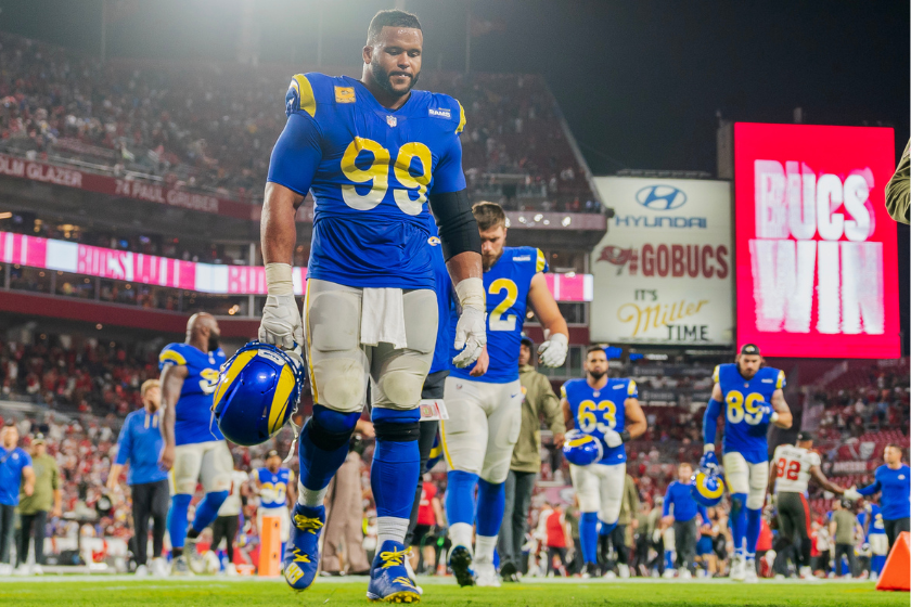 Aaron Donald #99 of the Los Angeles Rams comes off the field during a game between Los Angeles Rams and Tampa Bay Buccaneers at Raymond James Stadium
