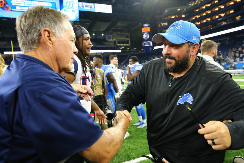 Head coach Matt Patricia of the Detroit Lions and Bill Belichick of the New England Patriots shake hands at the end of the preseason game at Ford Field 