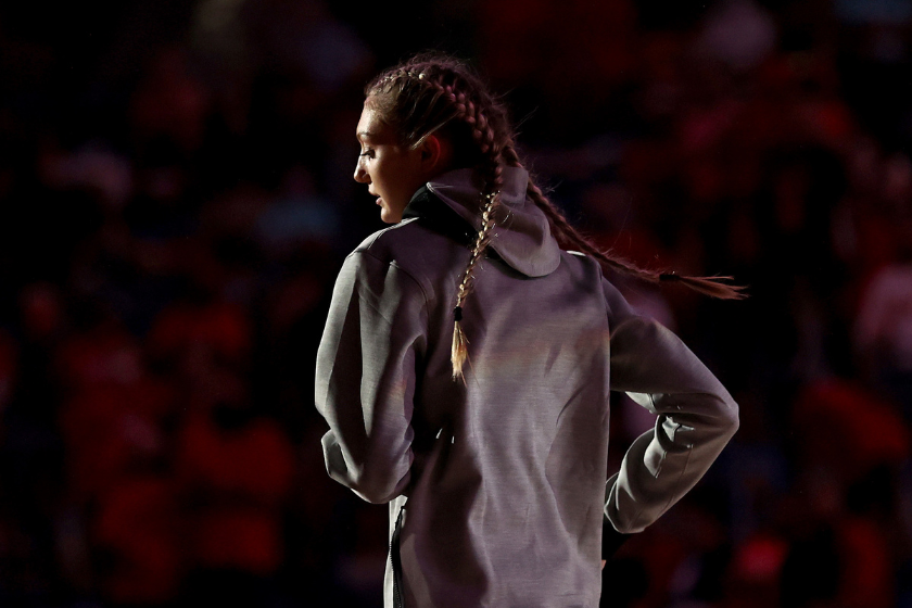 Cameron Brink #22 of the Stanford Cardinal walks onto the court for player introductions before the game against the Arizona Wildcats during the National Championship game of the 2021 NCAA Women's Basketball Tournament