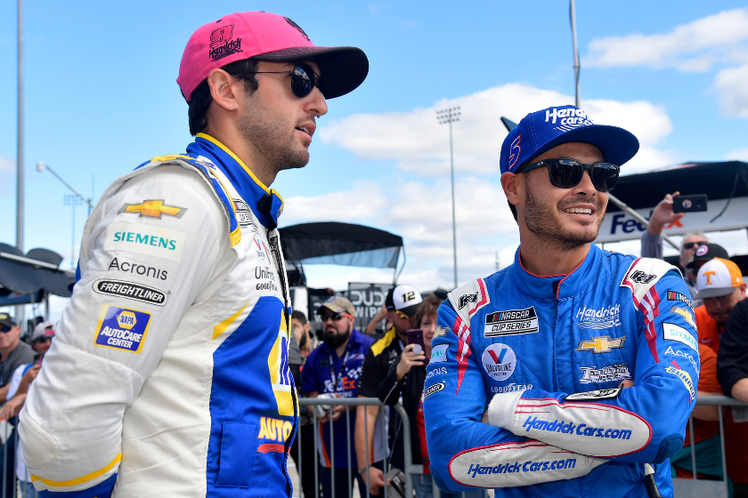 Chase Elliott and Kyle Larson talk on the grid prior to the 2021 Xfinity 500 at Martinsville Speedway