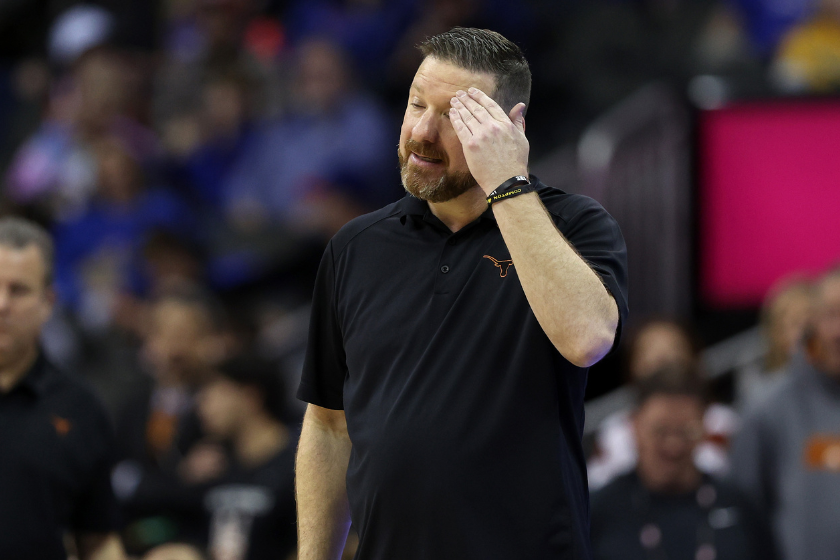 Head coach Chris Beard of the Texas Longhorns reacts in the second half against the TCU Horned Frogs during the first round game of the 2022 Phillips 66 Big 12 Men's Basketball Tournament