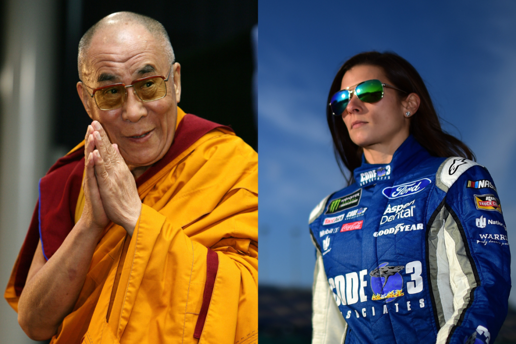 Dalai Lama on stage in 2018 ; Danica Patrick walks to her car on the grid during qualifying for the 2017 Hollywood Casino 400 at Kansas Speedway
