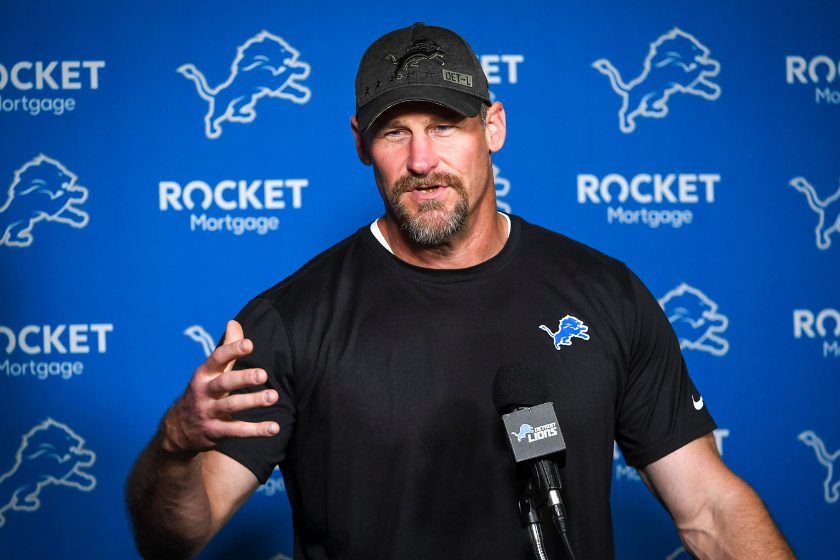 Detroit Lions head football coach Dan Campbell speaks with the media before the Detroit Lions Training Camp