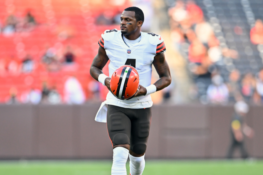 Quarterback Deshaun Watson #4 of the Cleveland Browns warms up prior to the start of a preseason game at FirstEnergy Stadium