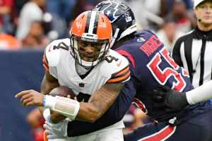 Jerry Hughes #55 of the Houston Texans sacks Deshaun Watson #4 of the Cleveland Browns during the first quarter at NRG Stadium