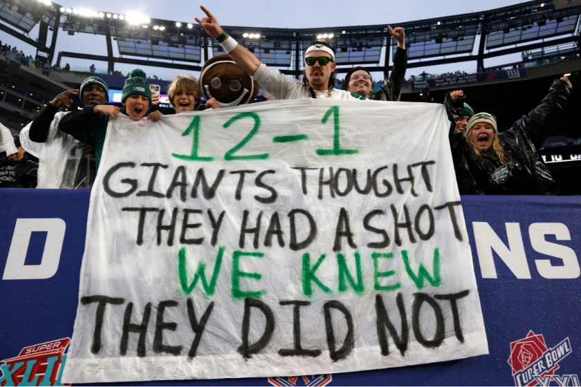 Philadelphia Eagles fans hold a sign from the stands during the game against the New York Giants at MetLife Stadium