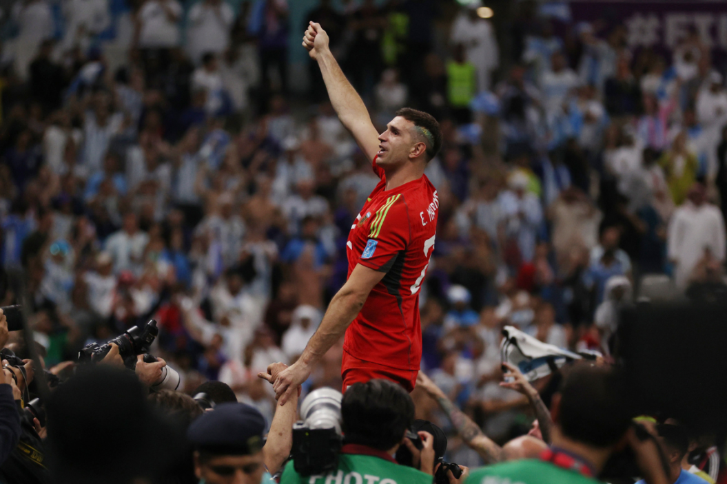 Emiliano Martinez of Argentina celebrates victory following the FIFA World Cup Qatar 2022 quarter final match between Netherlands and Argentina