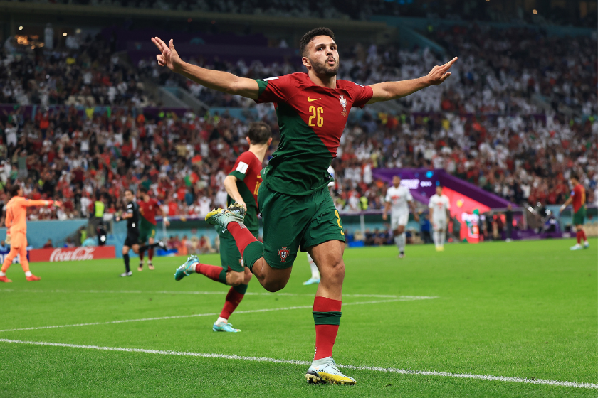 Goncalo Ramos of Portugal celebrates after scoring the team's fifth goal and their hat trick during the FIFA World Cup Qatar 2022 Round of 16 match between Portugal and Switzerland
