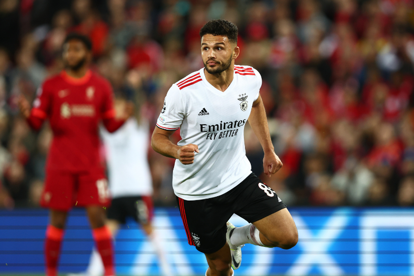 Goncalo Ramos of Benfica celebrates after scoring their team's first goal during the UEFA Champions League Quarter Final Leg Two match between Liverpool FC and SL Benfica 