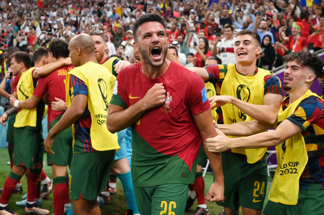 Goncalo Ramos of Portugal celebrates with teammates after scoring the team's first goal during the FIFA World Cup Qatar 2022 Round of 16 match between Portugal and Switzerland