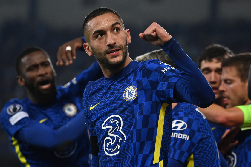 Hakim Ziyech of Chelsea celebrates after scoring their team's first goal during the UEFA Champions League group H match between Malmo FF and Chelsea FC 