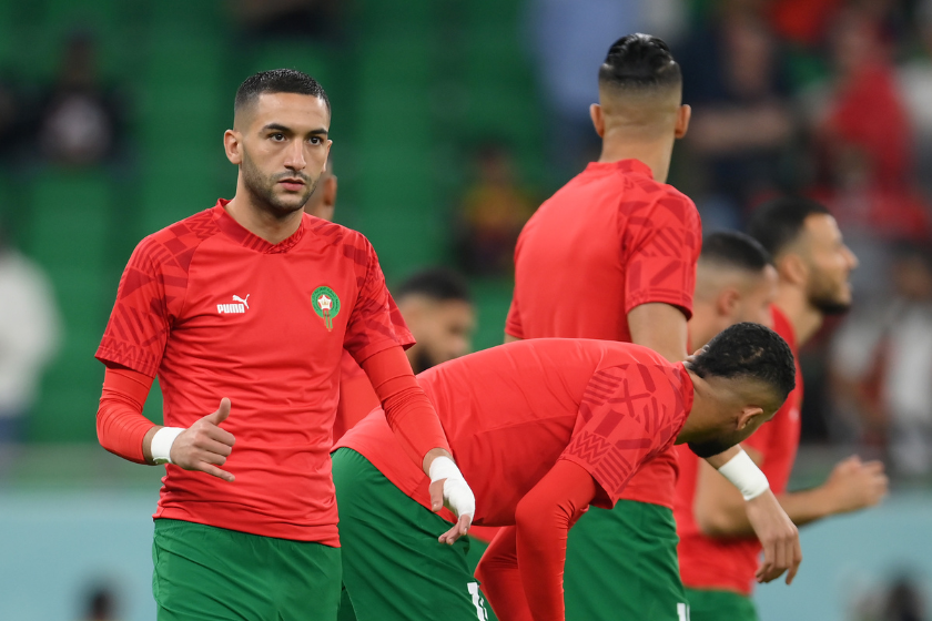 Hakim Ziyech of Morocco warms up prior to the FIFA World Cup Qatar 2022 quarter final match between Morocco and Portugal