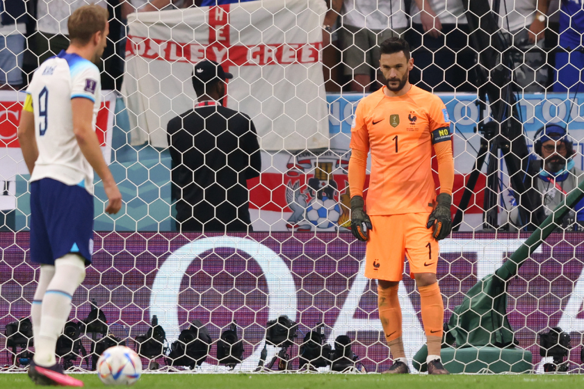  Hugo Lloris of France stares down Tottenham Hotspur team mate Harry Kane before he takes a penalty during the FIFA World Cup Qatar 2022 quarter final match between England and France 