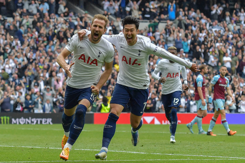 Harry Kane of Tottenham Hotspur celebrates scoring the opening goal with Son Heung-Min of Tottenham Hotspur during the Premier League match between Tottenham Hotspur and Burnley