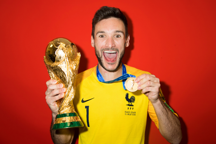Hugo Lloris of France poses with the Champions World Cup trophy after the 2018 FIFA World Cup Russia Final between France and Croatia at Luzhniki Stadium