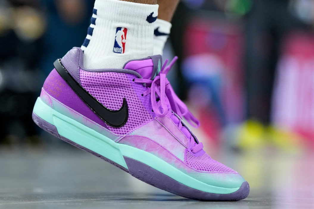 A detailed view of the new Nike Ja 1's debuted and worn by Ja Morant #12 of the Memphis Grizzlies against the Golden State Warriors at Chase Center