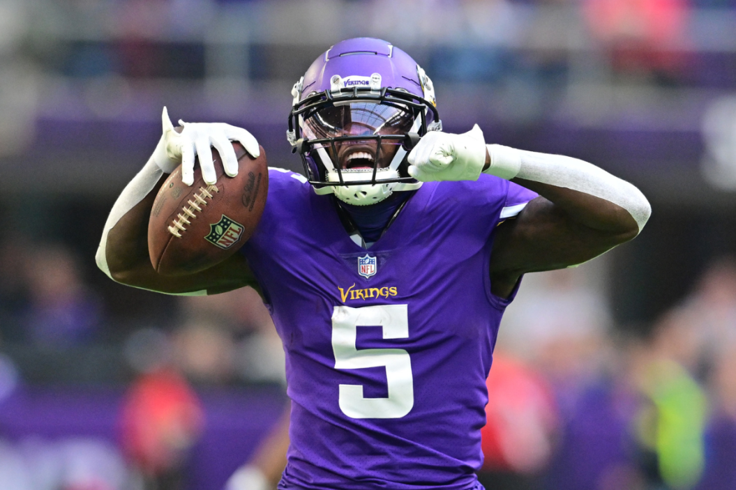 Minnesota Vikings wide receiver Jalen Reagor (5) celebrates after a big first down against the New York Jets during the second quarter of an NFL football game