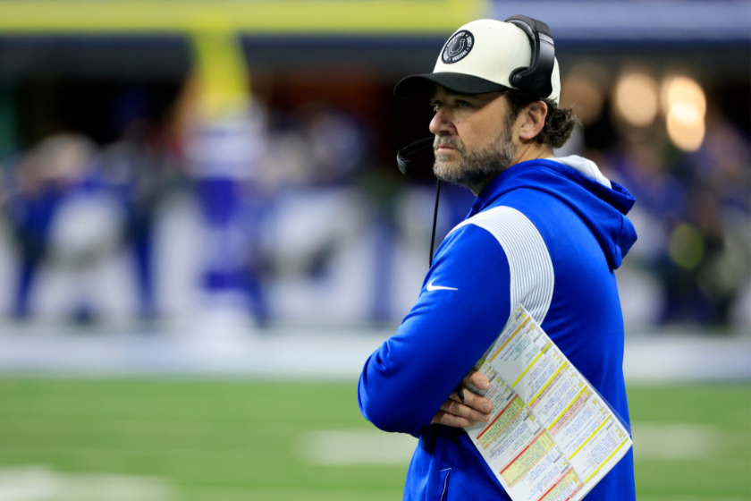 Head coach Jeff Saturday of the Indianapolis Colts looks during the game against the Los Angeles Chargersat Lucas Oil Stadium