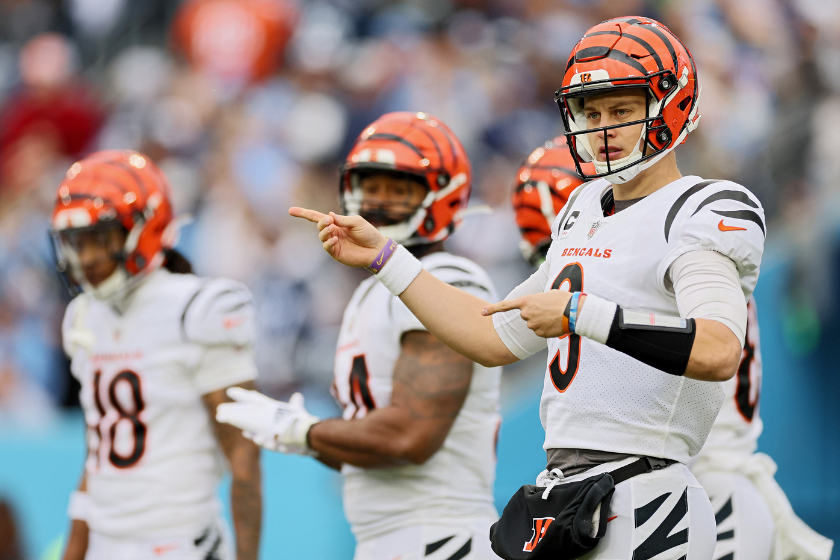 Joe Burrow #9 of the Cincinnati Bengals reacts during the first half against the Tennessee Titans at Nissan Stadium., NFL