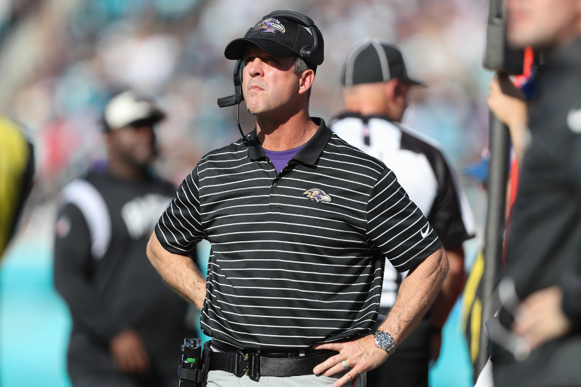 Baltimore Ravens head coach John Harbaugh looks on during the first half against the Jacksonville Jaguars at TIAA Bank Field 
