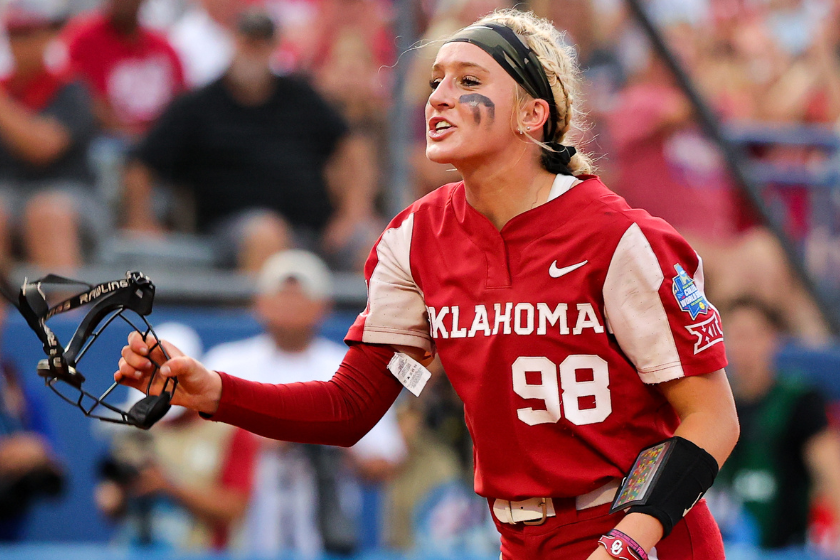 Jordyn Bahl #98 of the Oklahoma Sooners walks off the field during the fourth inning against the Texas Longhorns during the Division I Womens Softball Championship 