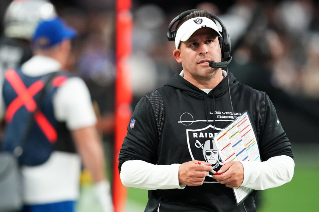 Head coach Josh McDaniels of the Las Vegas Raiders looks on in the third quarter of a game against the Los Angeles Chargers