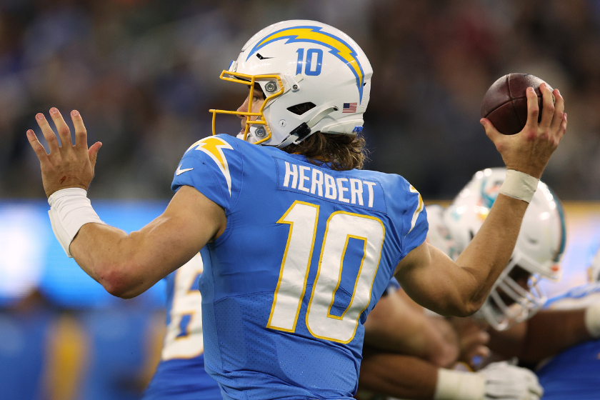 Justin Herbert #10 of the Los Angeles Chargers passes during a 23-17 win over the Miami Dolphins at SoFi Stadium