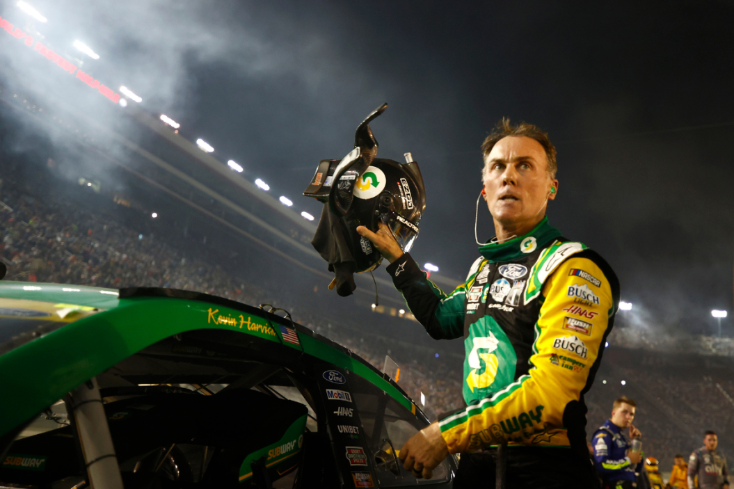 Kevin Harvick exits his car after the 2021 Bass Pro Shops Night Race at Bristol Motor Speedway