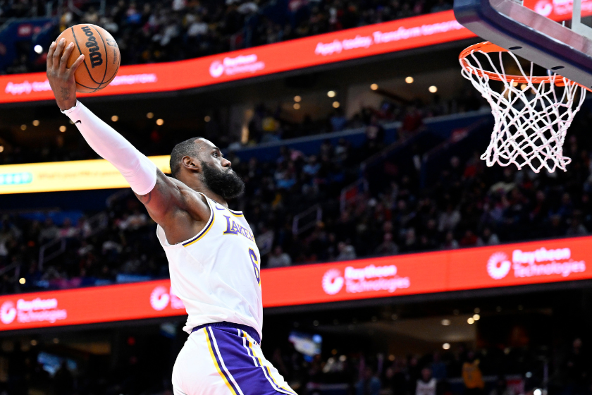 LeBron James #6 of the Los Angeles Lakers dunks the ball in the fourth quarter of the game against the Washington Wizards at Capital One Arena