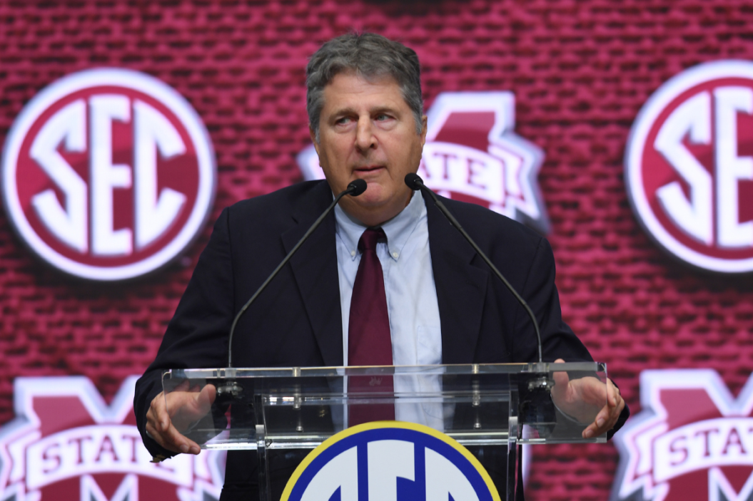 Mississippi State Bulldogs Head Coach Mike Leach addresses the media during the SEC Football Kickoff Media Days