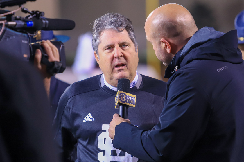 Mississippi State head coach Mike Leach is interviewed at halftime of the game between the Kentucky Wildcats and the Mississippi State Bulldogs