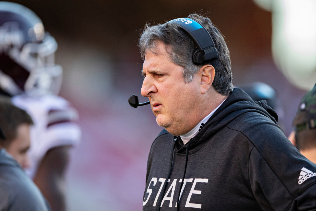 Head Coach Mike Leach of the Mississippi State Bulldogs on the sidelines during a game against the Arkansas Razorbacks at Donald W. Reynolds Stadium