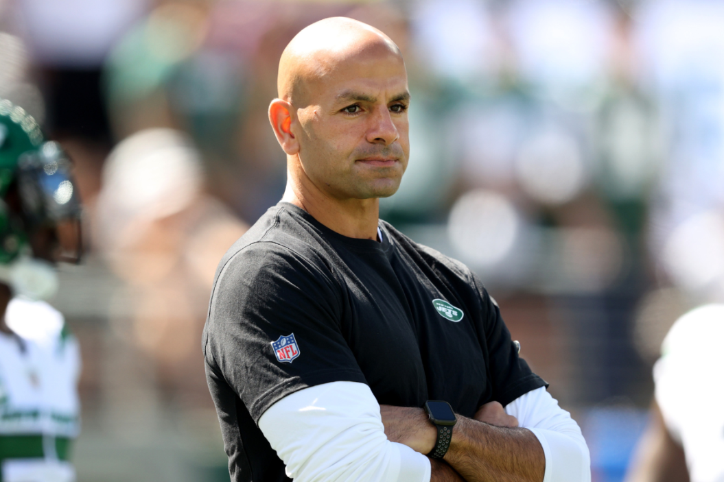 Head coach Robert Saleh of the New York Jets looks on before the game against the New England Patriots at MetLife Stadium