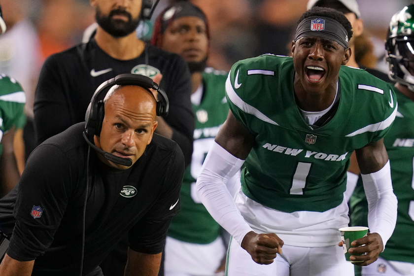 Head coach Robert Saleh of the New York Jets looks on as Sauce Gardner #1 reacts behind him against the Philadelphia Eagles in the second half of the preseason game
